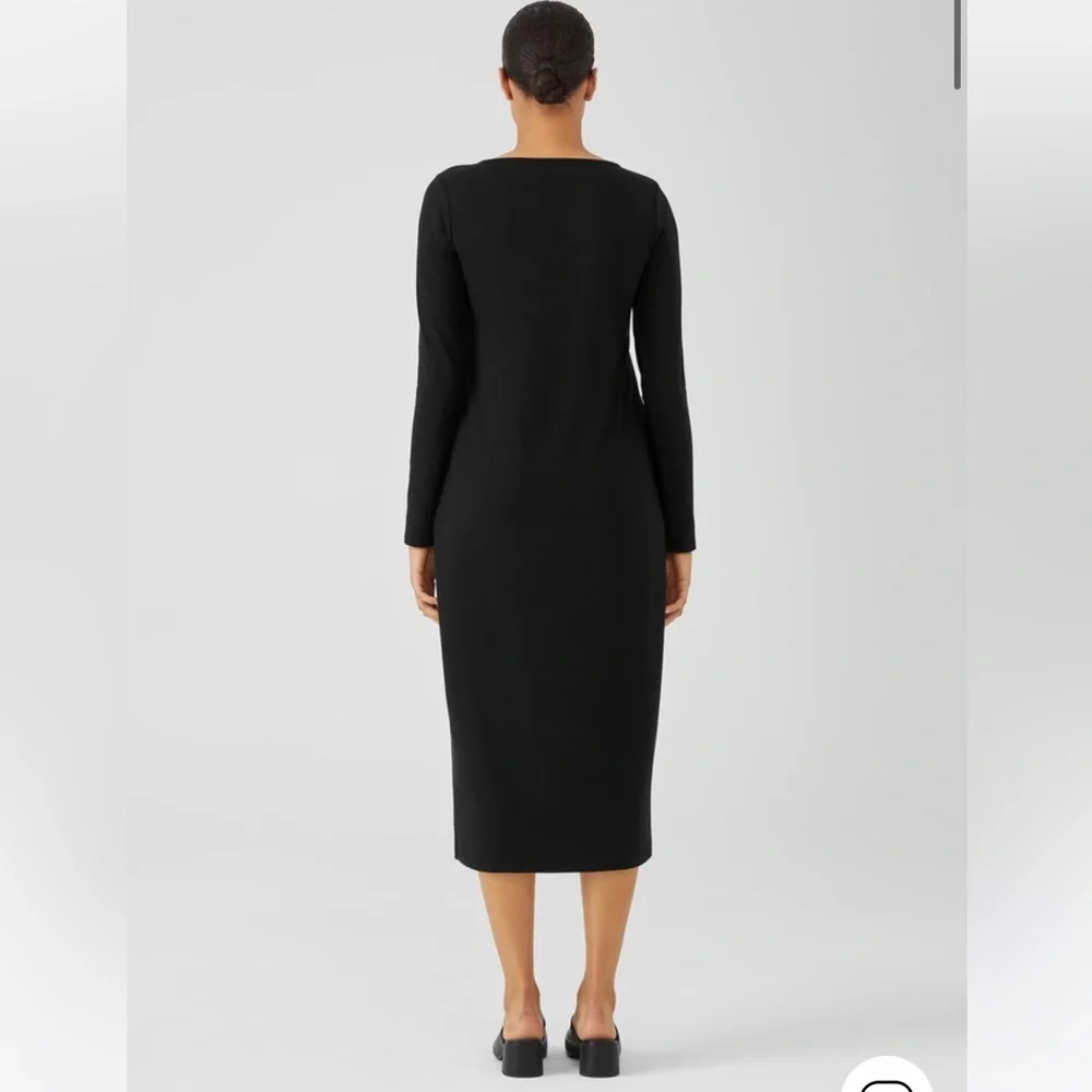 Eileen Fisher Petite Small SP Stretch Jersey Knit Jewel Neck Dress Black Midi - Picture 2 of 9